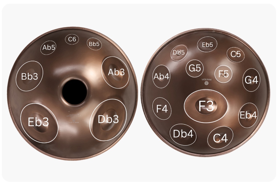 Detailed view of Stainless Steel Handpan Mutant Series - F Integral - 19 Notes